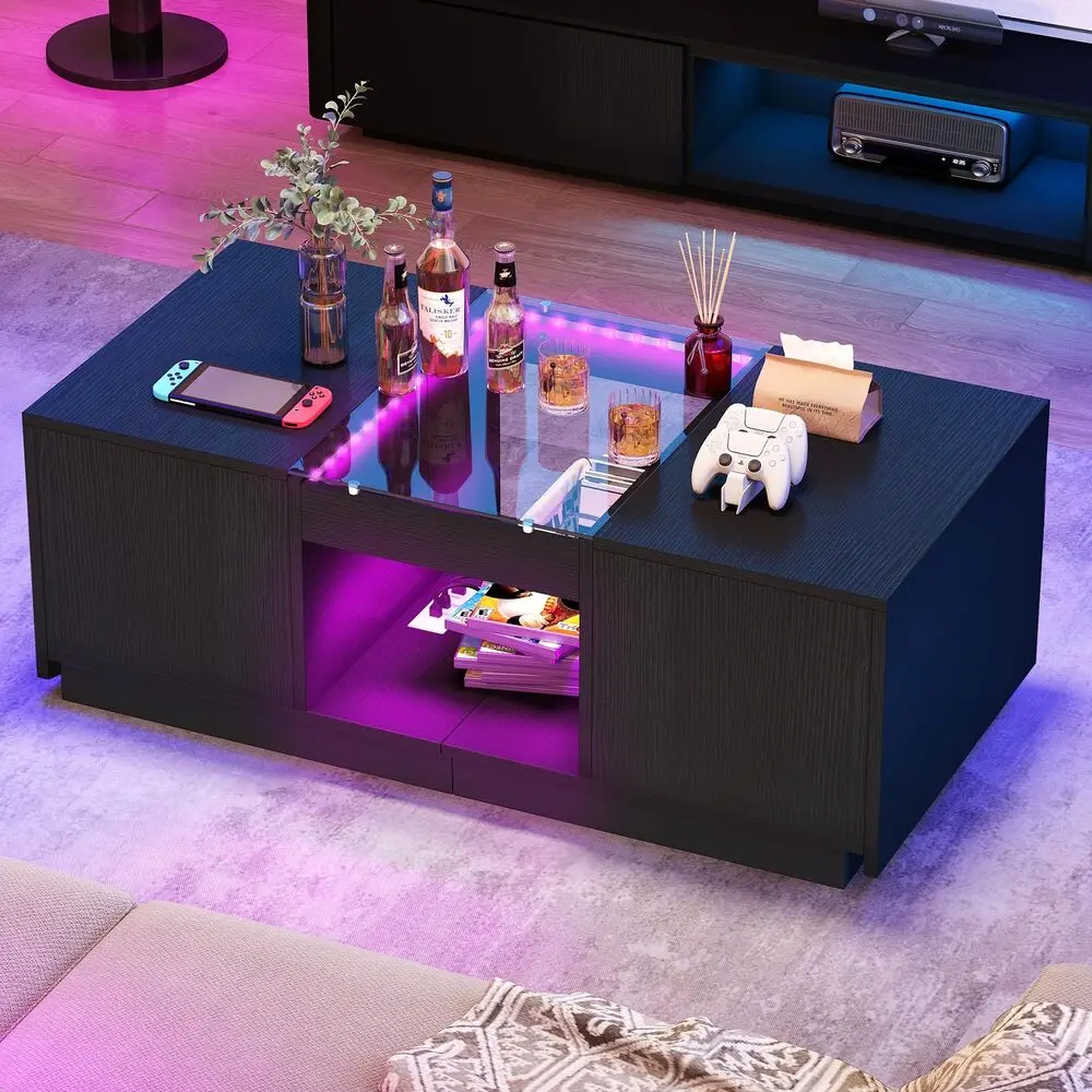 

Modern Coffee Table 2 Drawers with Charging Station and LED Lights End Table