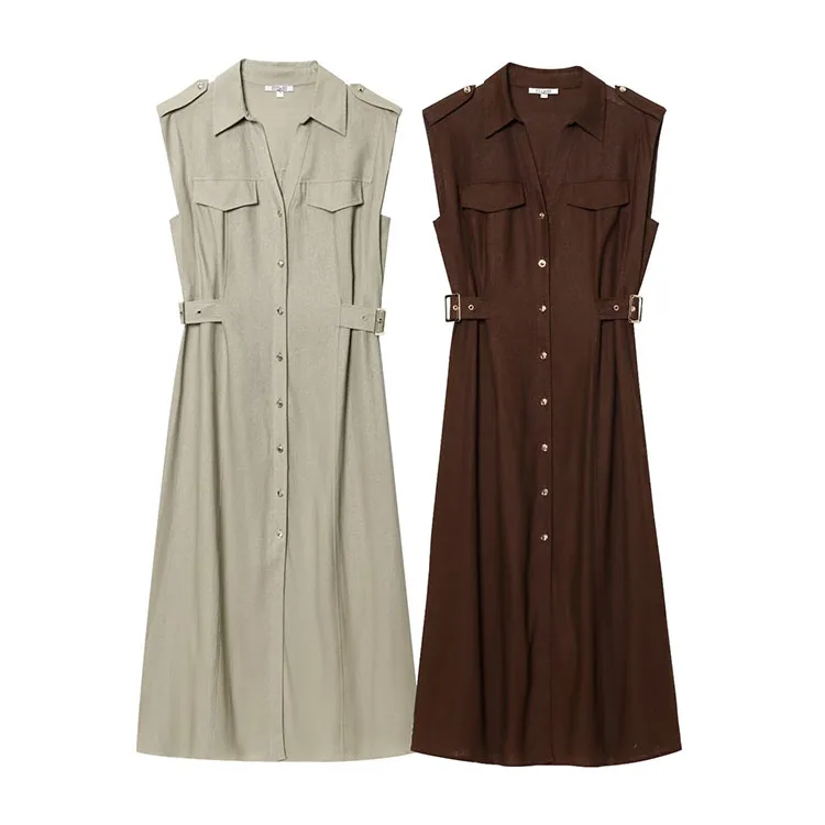 Pleated Belted Dress Full Length