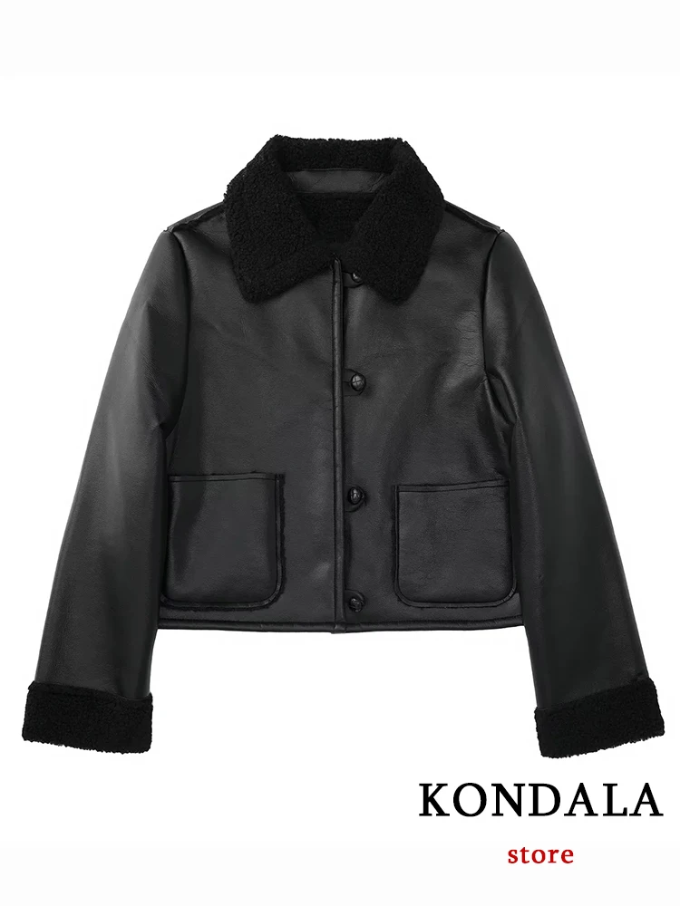 

KONDALA Vintage Solid Black Chic Short Jacket Long Sleeve Imitation Leather Pocket Outwear High Street Y2K Fashion 2022 Blazer