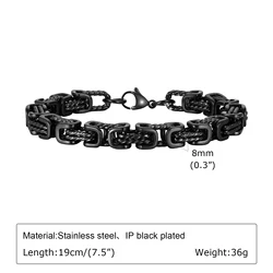 Chunky Byzantine Men's Bracelet - Retro Grey 8mm Stainless Steel Braided Link Wristband, Vintage Jewelry Gift - 21cm (Black)