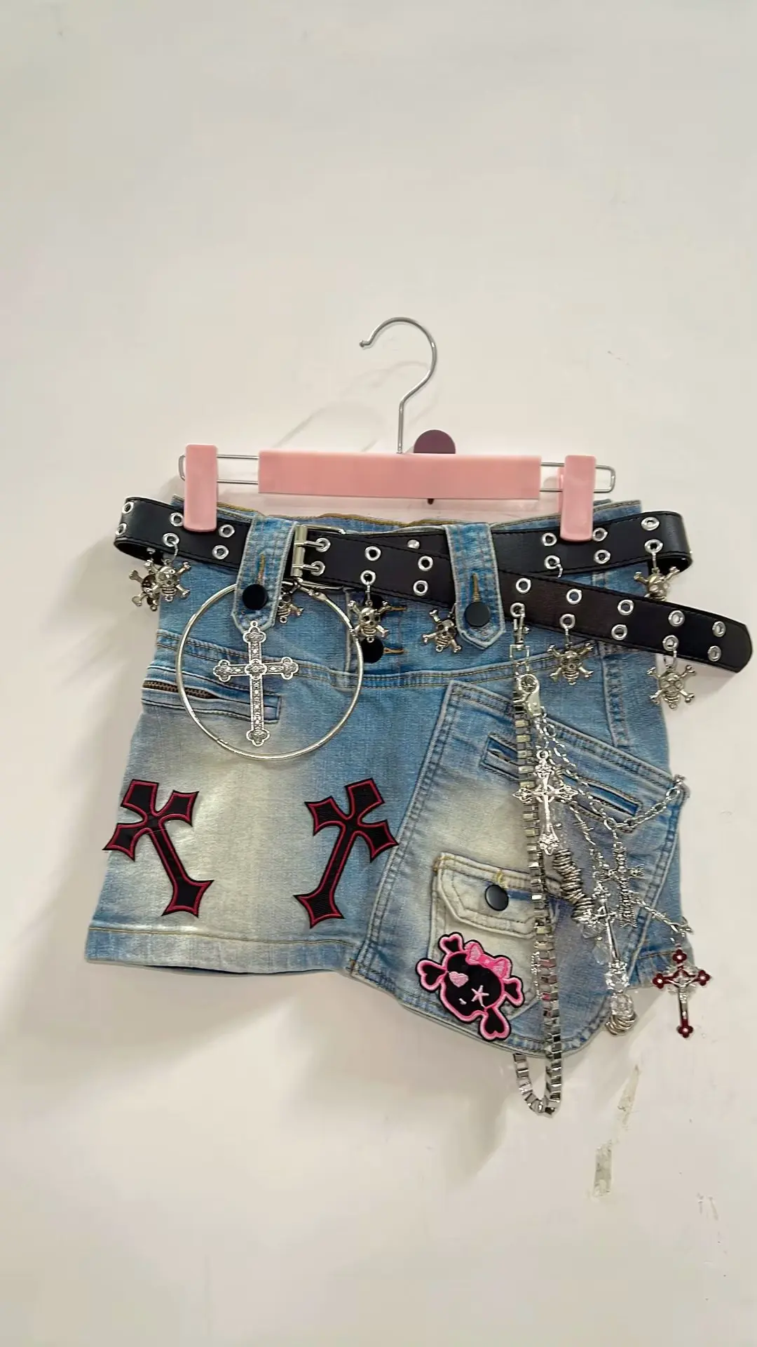 Metal Pendant Chain Denim Mini Skirt 5
