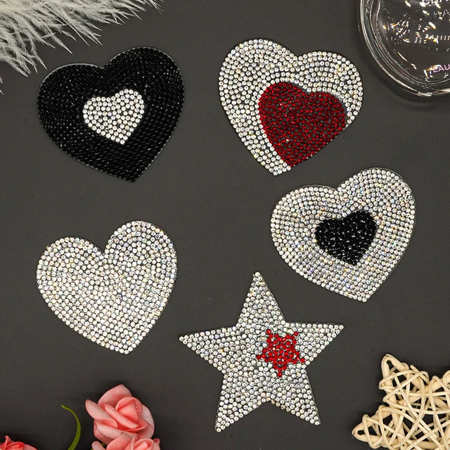 1PC Rhinestones Heart Diamond Sequin Embroidery Patches for Clothing Iron  on Transfer Clothes Appliques Badge Stripes