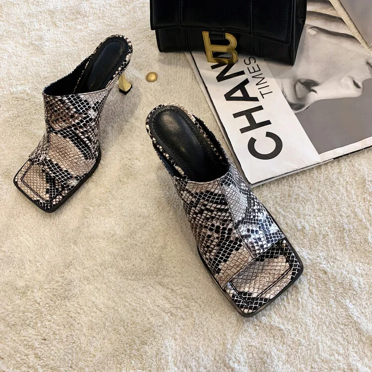 Hot Fashion Snakeskin Leather Women Slippers Open Toe Wine Red