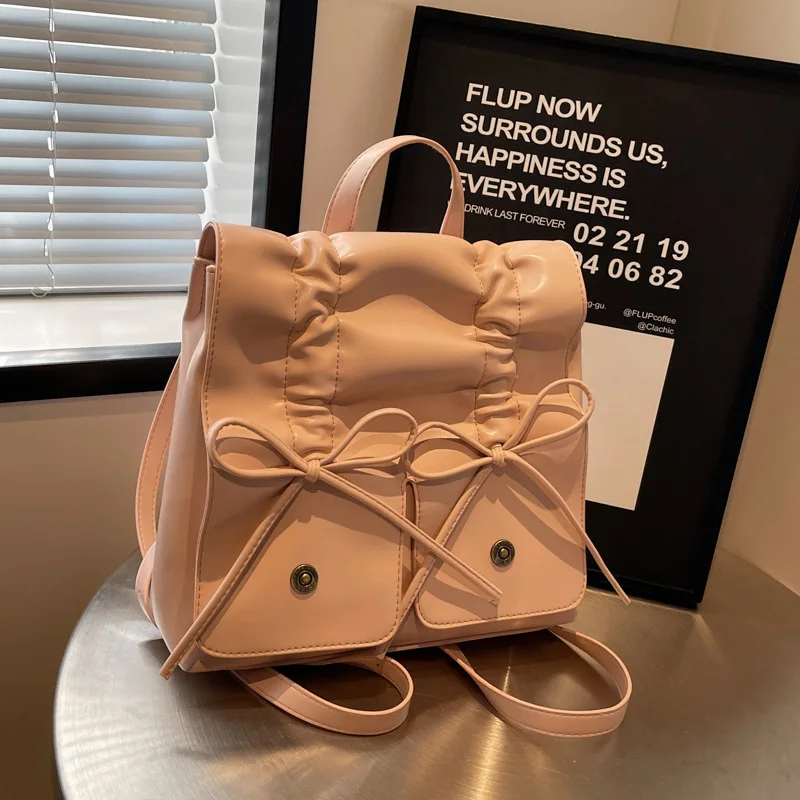 Miyagawa Sweet Bow Backpack Women's 2024 New Fashion Korean Pleated Backpack Trendy Fashion Simple Casual Large Capacity Handbag