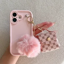 Adorable Pink Plush Bluetooth Earphone Pouch Phone Case Cover - iPhone 15 Plus (1)