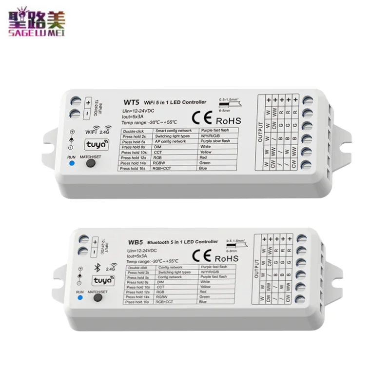 

WT5 WiFi/WB5 Bluetooth (Tuya App) 5CH*3A 12-24V RF Led CV Controller for LED Strip Light Compatible With Tuya APP/Voice Control