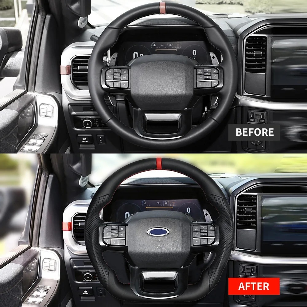 포드 랩터 F150 용 전체 가죽 스티어링 휠 2021 2022 2023 2024 블랙 천공 가죽 레드 스트라이프