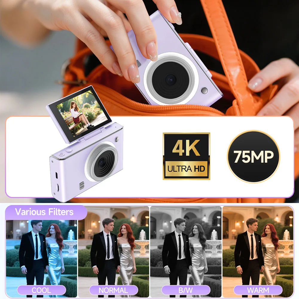 4K Digital Camera 75MP for Photography and Video Autofocus Anti-Shake Vlog Camera 180° Flip Screen with Flash 16x Digital Zoom