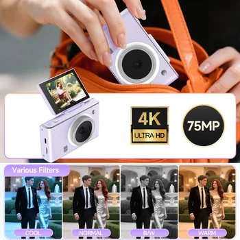 4K Digital Camera 75MP for Photography and Video Autofocus Anti-Shake Vlog Camera 180° Flip Screen with Flash 16x Digital Zoom