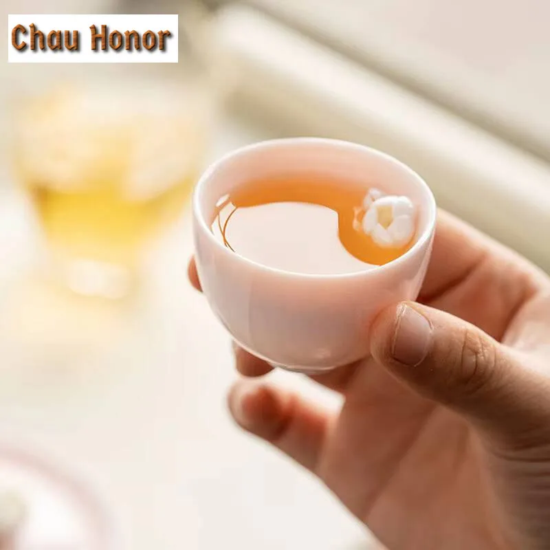 2pc/lot Kneading Flower Mutton Fat Powder Jade Teacup Aesthetic Tea Bowl Tea-tasting Fragrance Cup Master Cup Drinkware 40ml