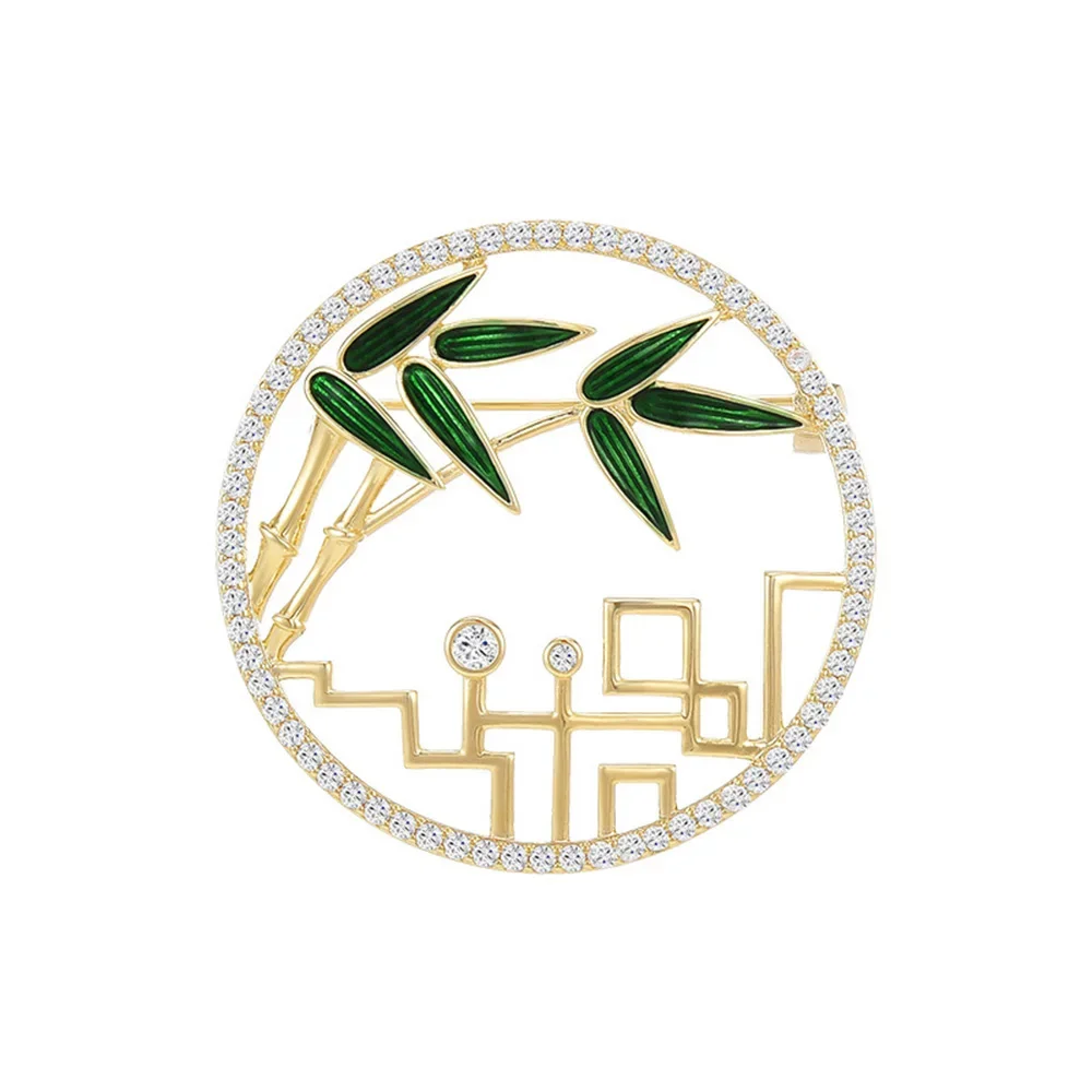 Classical Beauty Light Luxury Brooch Enamel Bamboo Leaf Hollow Rhinestone Circle Brooches Corsage Jewelry Accessories Pins