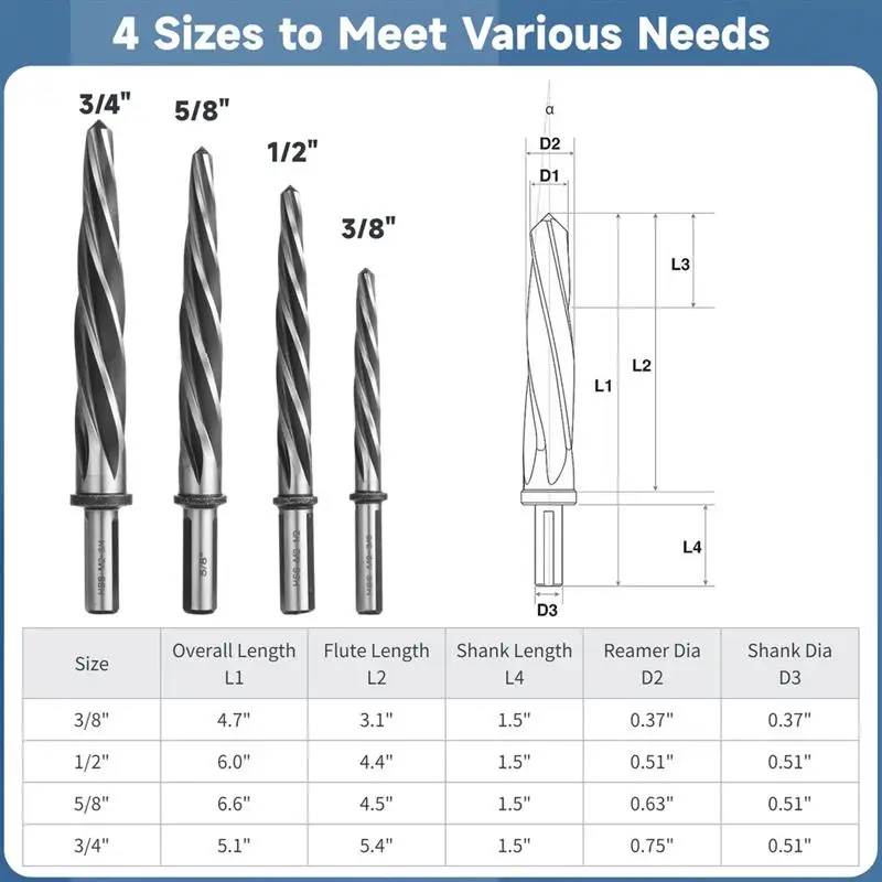 4Pcs/Set Taper Reamers 3/8" 1/2" 5/8" 3/4" M2 HSS Chucking Reamers Taper Bridge Reamer 5 Spiral Flutes Bridge Steel Reamers 2