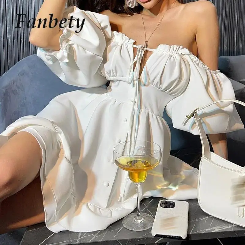 

Ladies Ruffle Mini Dress Women's Fashion Sexy Short Sleeve Off Shoulder Lace-Up Dress 2023 Elegant Hollow Out White Party Dress
