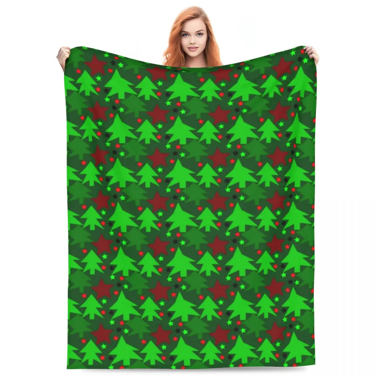 

Green Christmas Tree Flannel Blanket Quality Warm Soft Red Stars Print Throw Blanket Autumn Travel Couch Bed Print Bedspread