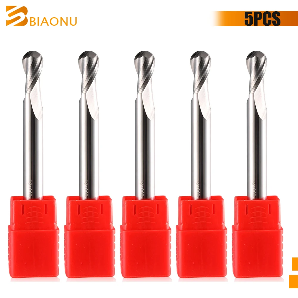 

Biaonu 5pcs/lot Two Flutes Ball Nose Milling Cutter for Aluminum 4/6/8/12mm Shank Carbide CNC Bits Tool HRC56 Ball Nose End Mill