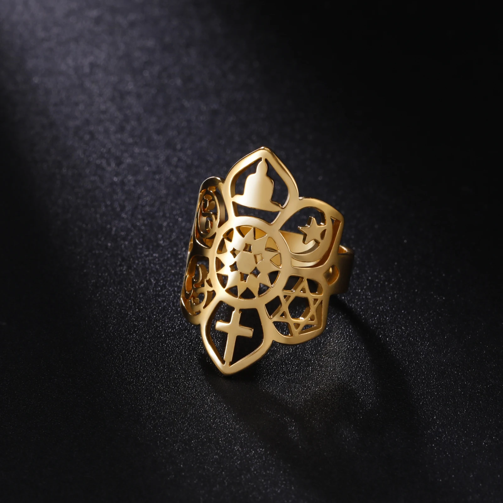 Skyrim-anillo de acero inoxidable con forma de flor de loto, joyería espiritual con forma de estrella, estrella de la Luna y estrella de dawd YinYang, 6 filosofías