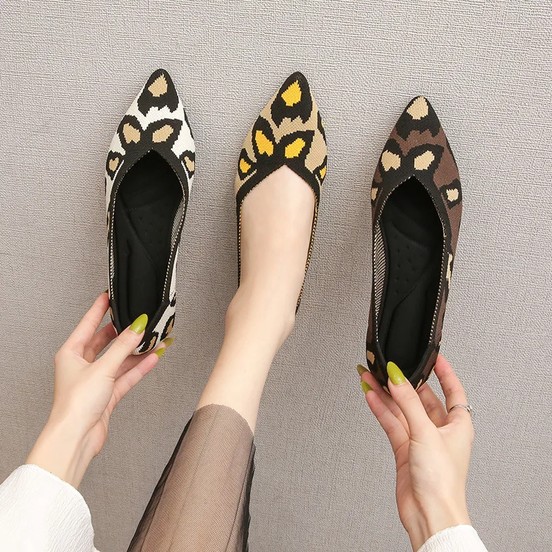 Princess women's flat bottomed pointed shoes spring and autumn new knitted breathable and comfortable leopard anti s