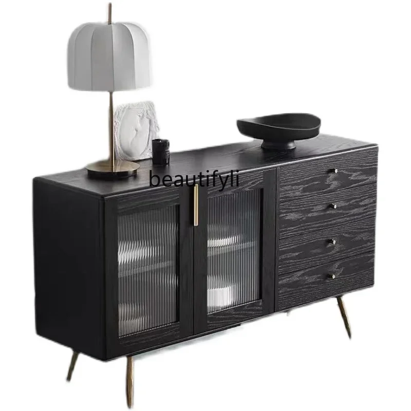 

Nordic Light Luxury Black Gold Solid Wood Sideboard Modern Minimalist Drawer Storage Wall Living Room Home Locker furniture