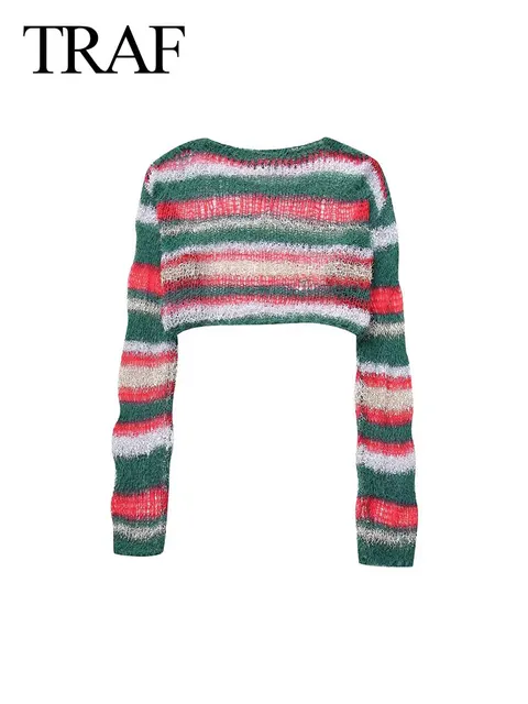 TRAF 2024 New Female Cropped Pullover All Matched Striped Round Neck Long Sleeves Spring Sweet Tops Versatile Y2K Casual Sweater 1