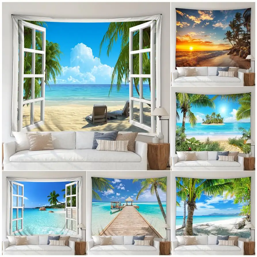 

Ocean Beach Landscape Tapestry Island Coconut Trees Forest Nature Scenery Garden Wall Hanging Home Living Room Decor Tablecloth