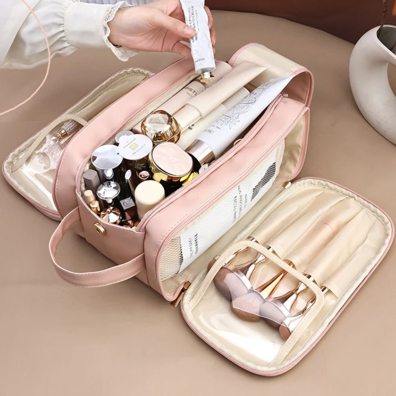 Multifunctional Makeup Bag For Women PU Leather Large Capacity Portable Double Zipper Travel Makeup Brush Toiletries Storage Bag