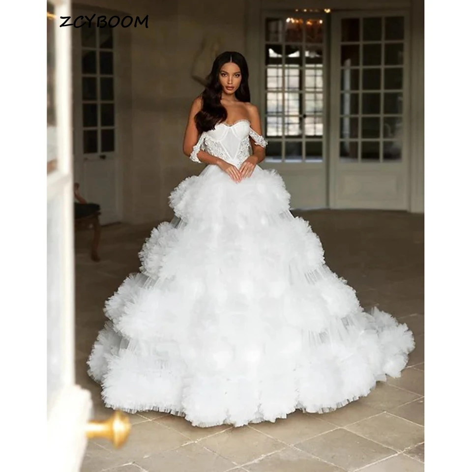 

Elegant White Sweetheart Off The Shoulder Sleeveless Wedding Dress 2023 A-Line Floor Length Sweep Train Tulle Zipper Bridal Gown