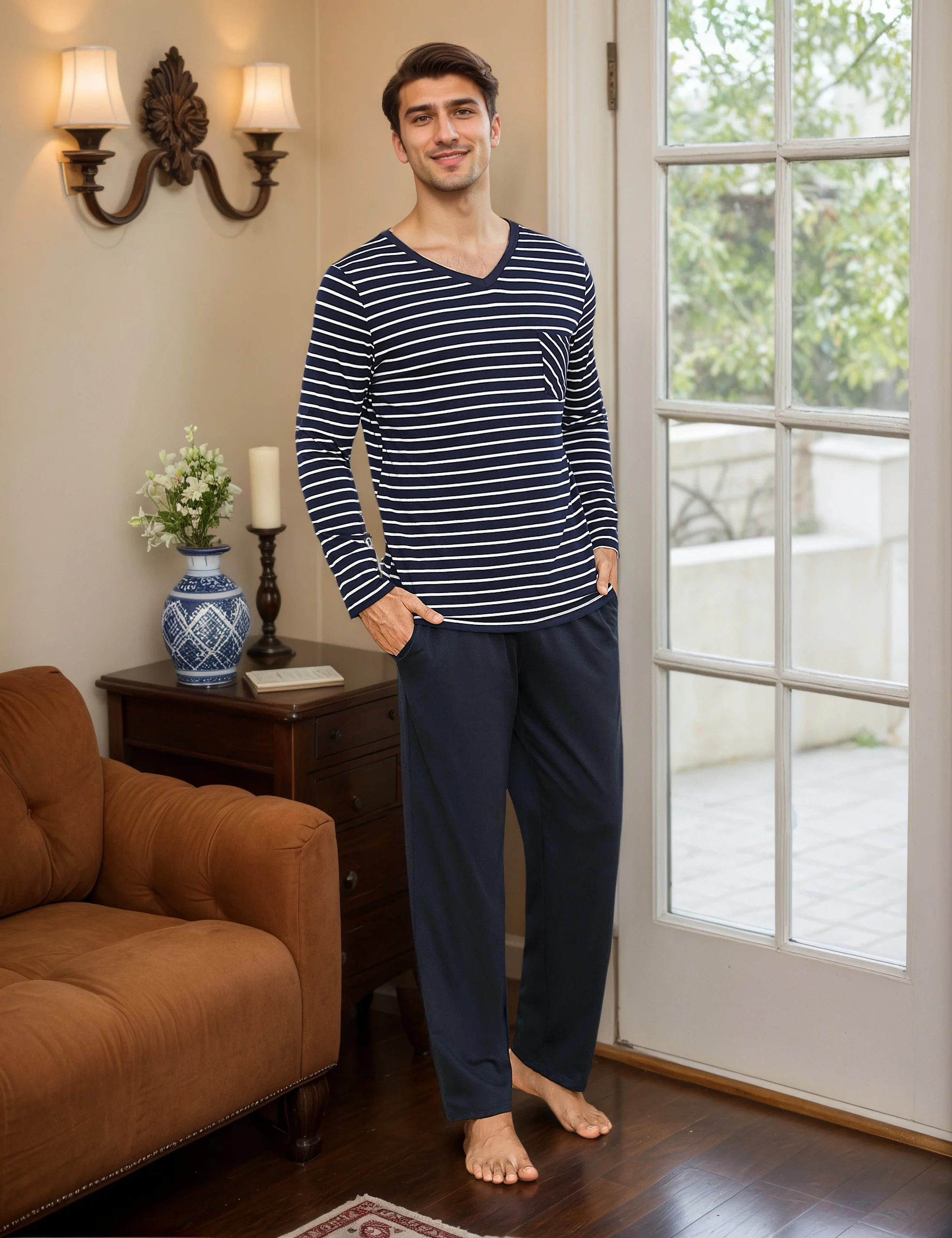Langes Baumwoll-Pyjama-Set für Herren, Herbst- und Winter-Stil, Herren-Loungewear, langärmliger Baumwoll-Pyjama, zweiteiliges Set aus Baumwolle, bequemer und atmungsaktiver Heim-Pyjama – Detail 8
