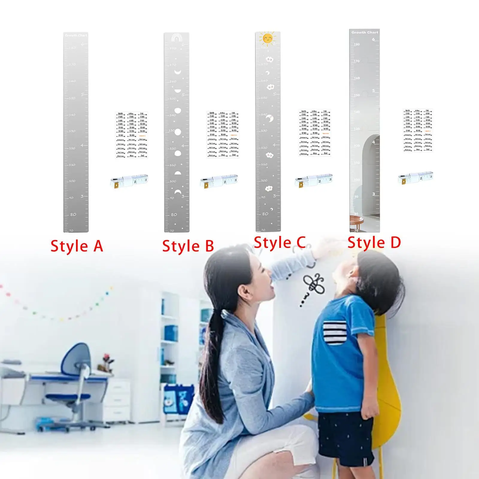 Acrylic Kids Growth Chart Mirror Easily Install for Bedroom Height Ruler