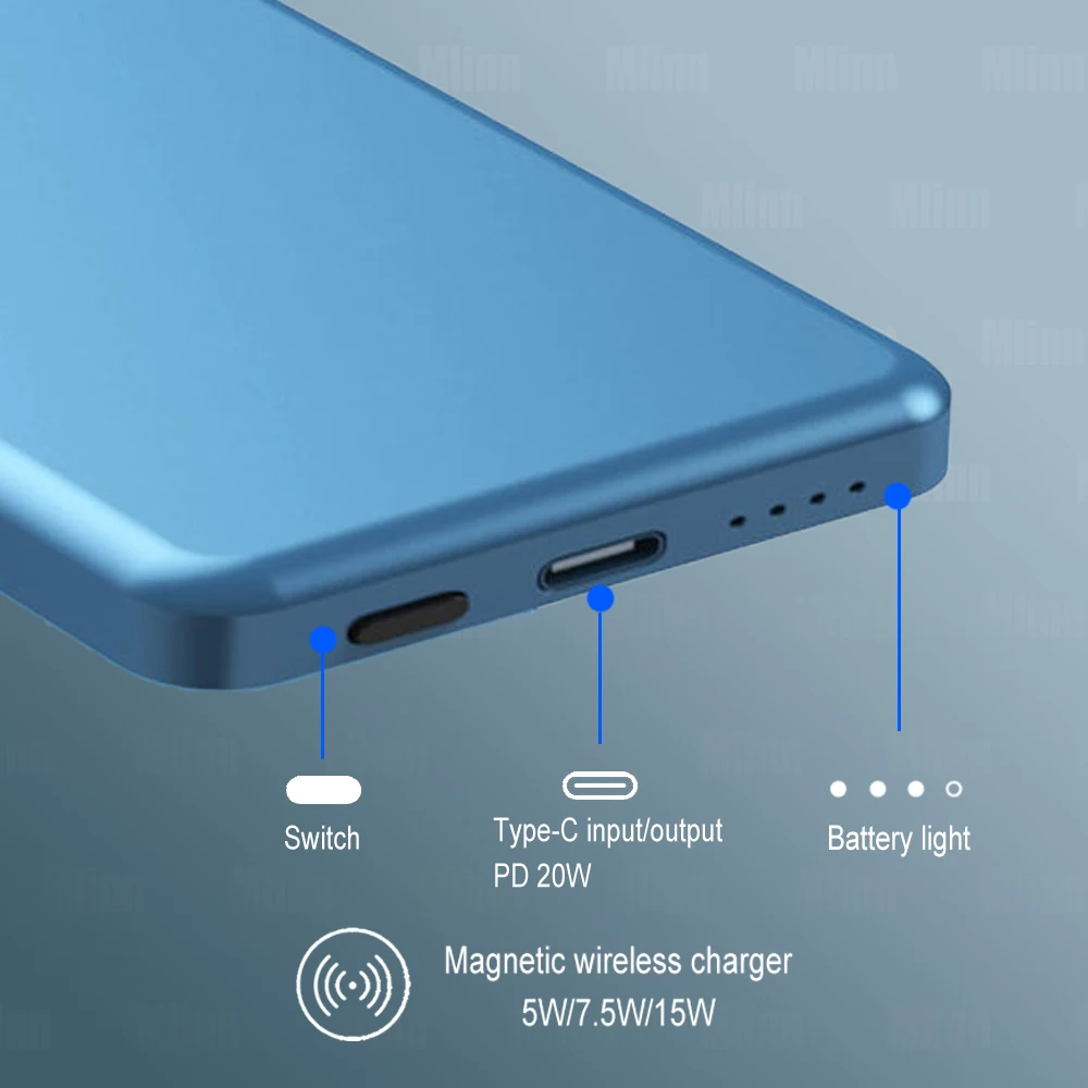 금속 얇은 맥세이프 마그네틱 보조베터리 외부 보조 배터리, 무선 보조배터리 5000mAh, 아이폰 12 13 14 15 미니용