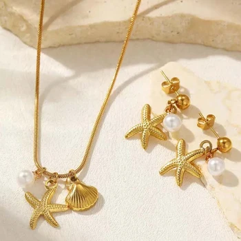 2025 Summer Gold Color Stainless Steel Shell Starfish Crab Drop Earrings For Women Beach Ocean Hoop Drop Stud 1