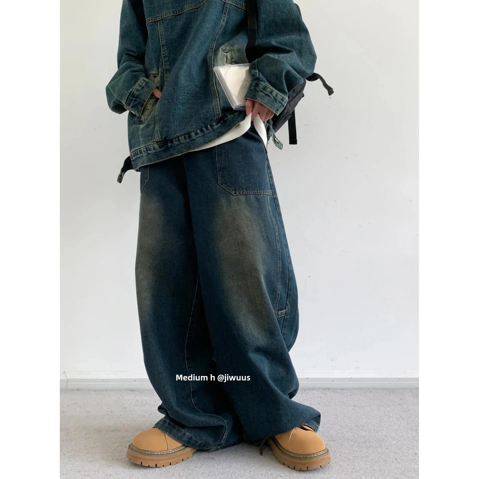 Japanese Vintage Loose-Fit Distressed Denim Trousers For Men And Women Plus Size Couple Pants Blue Color Workwear Versatile denim pants denim trousers
