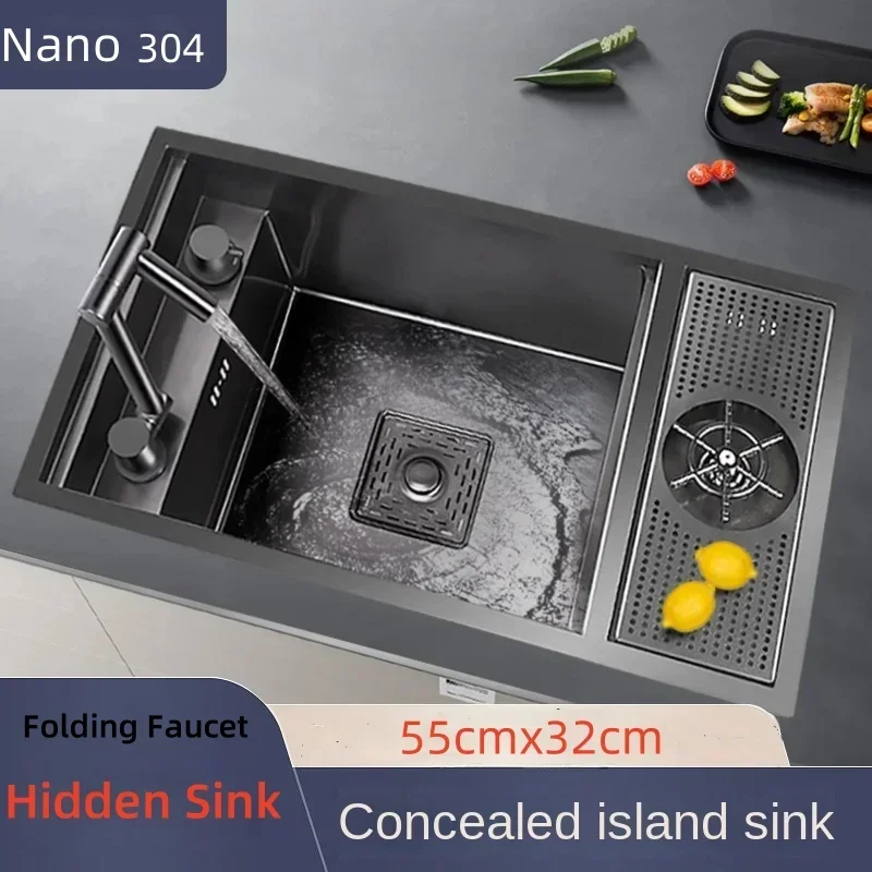 55cmx32cm 304 Nano Stainless Steel Hidden Sink Folding Faucet with Large Single Slot and Cover Plate Bar Counter Cup Washer 2