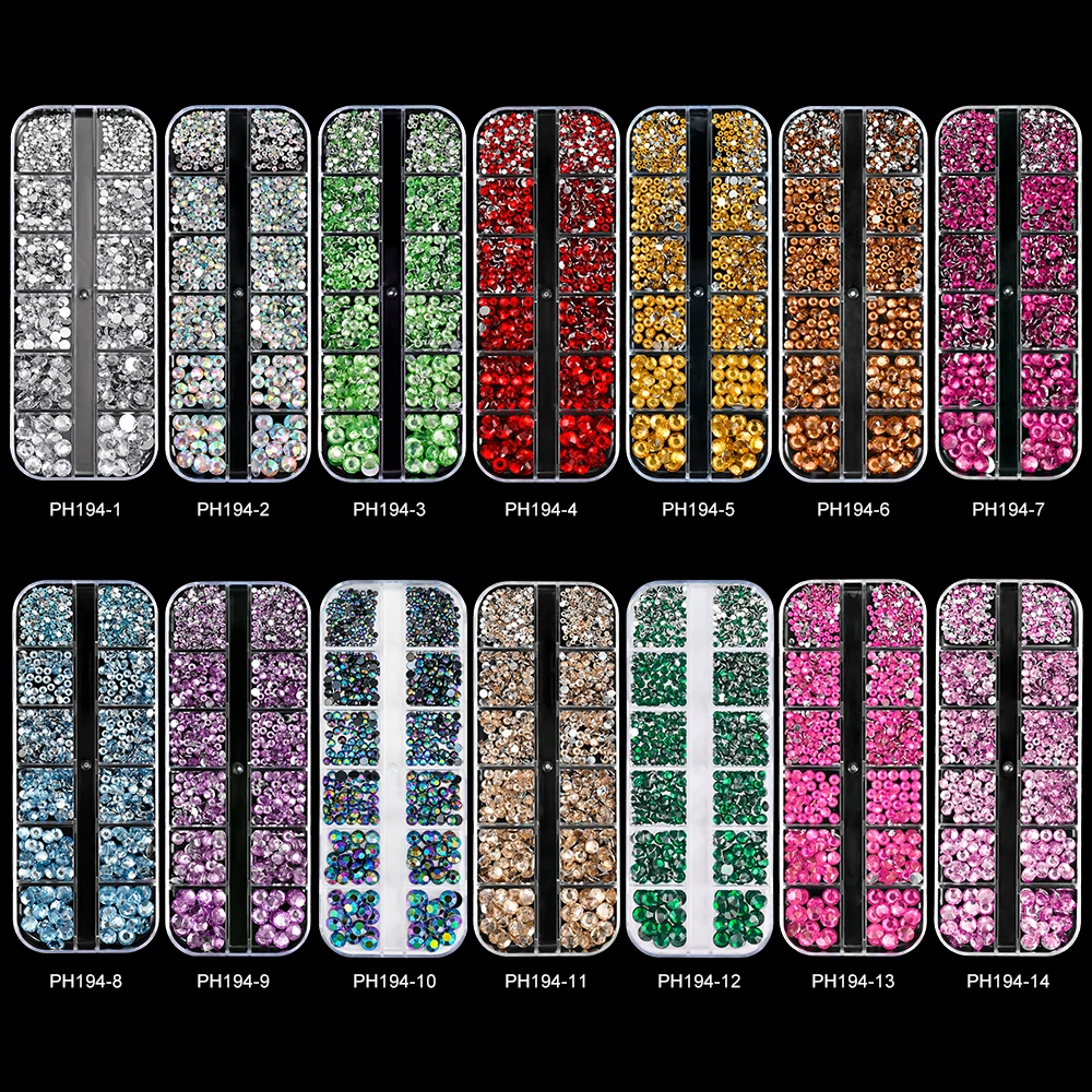12Grids SS6-SS30 Mixed Nail Rhinestones Shiny Clear/Gold/Pink/Blue Diamond Flat-back Nail Gems Glass Stones Nails Decoration 6