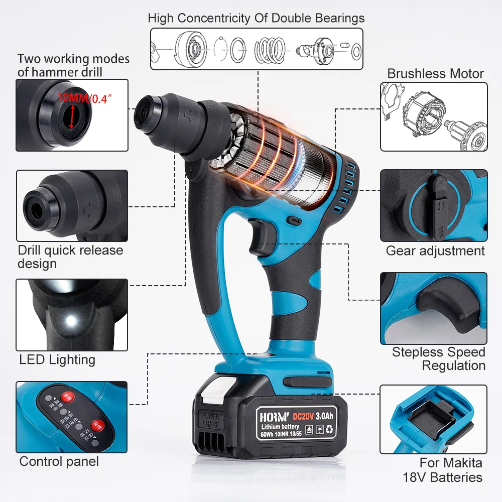 Brushless Cordless Electric Drill Rotary Hammer 4 Modes Drill Demolition Hammer Rechargeable Power Tool for Makita 18V Battery 2