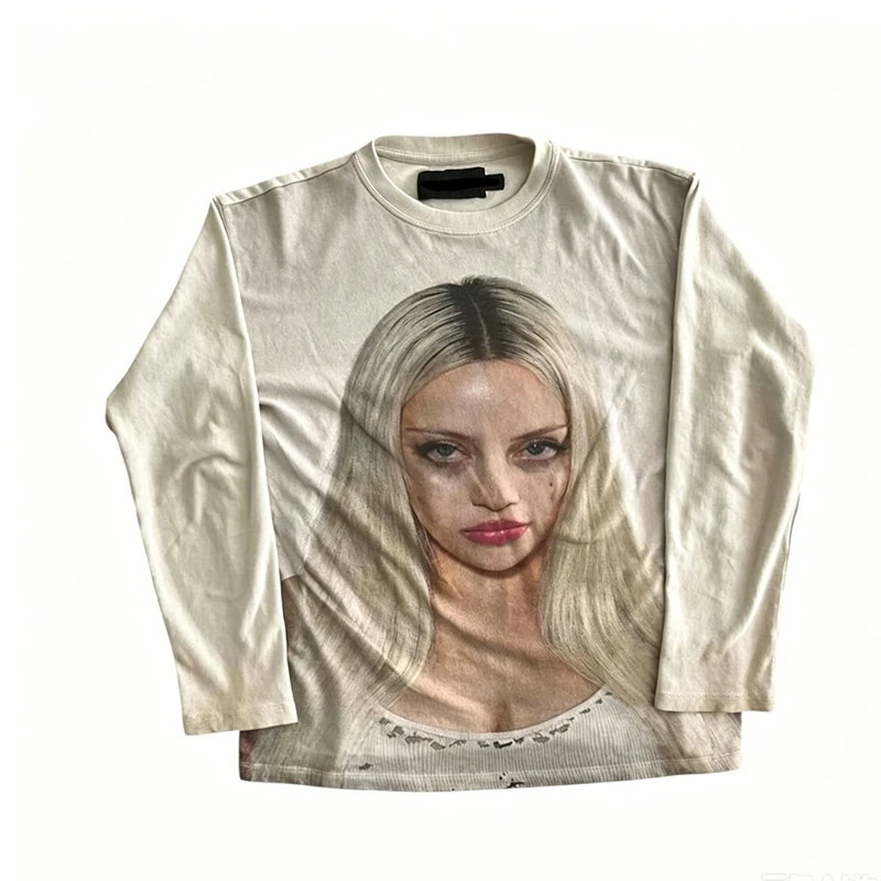 Personalisierter dunkel bedruckter Rundhals-Sweatshirt Langarm-T-Shirt Pullover Retro-Mantel Street Fashion Y2k-Stil