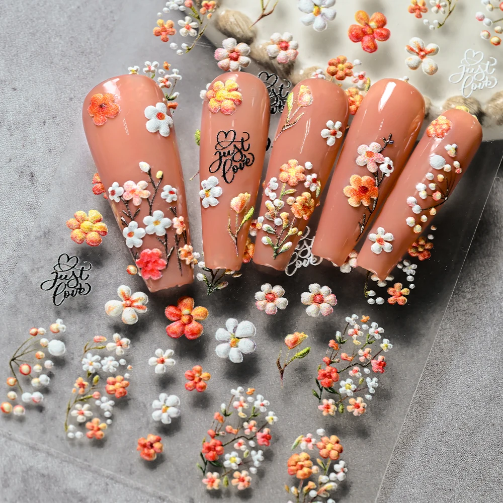 4개입 엠보싱 데이지 스프링 네일 스티커 세트 5D 오렌지 핑크 5잎 꽃 네일 아트 데칼 셀프 접착 귀여운 매니큐어 슬라이더