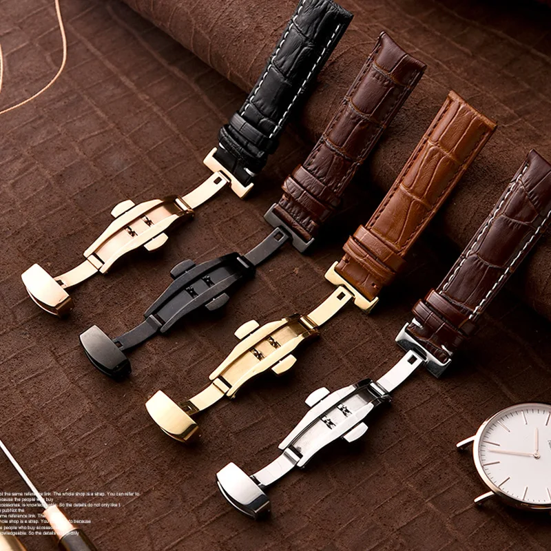 Cowhide Leather Watch Strap with Stainless Steel Butterfly Buckle – Gold/Rose Gold Finish