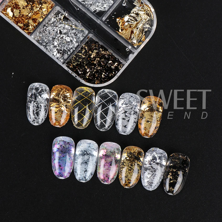 12 Grid Aurora Crystal Opal Powder Nail Glitter Iridescent Dust Charm Aluminum Foil Nail Flakes Slice Sparkly Sequin Manicure
