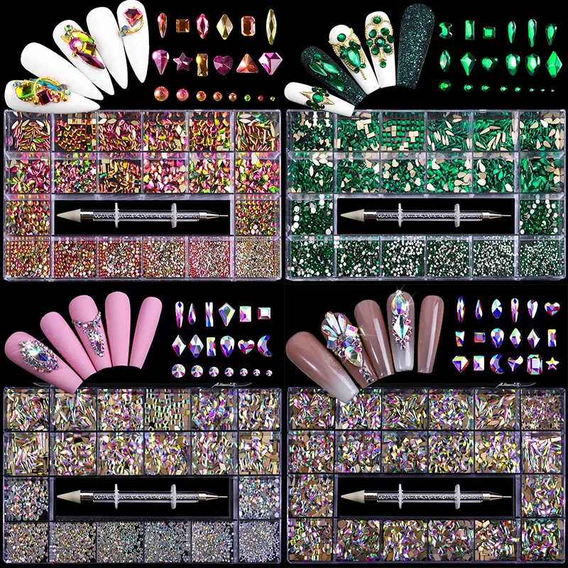 

Luxury Shiny Diamond Nail Art Rhinestones Kit Glass Crystal Decorations Set 1pcs Pick Up Pen In Grids Box 21 Shapes of 2800pcs