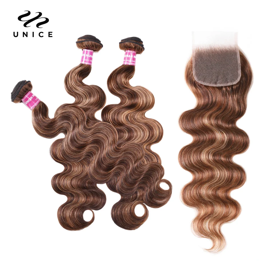 UNice Hair Blonde Highlight Body Wave Human Hair Bundles 2/3/4 Pcs With 4x4 Lace Closure Human Bundles Full Head Use