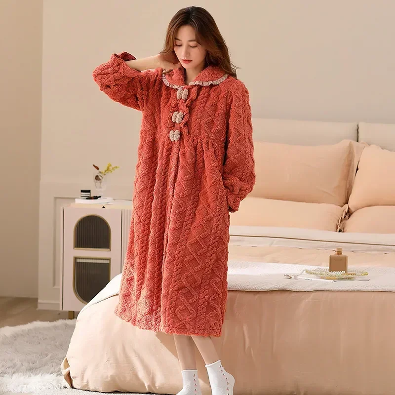 

Dress Warm Bow Nightgowns Nightdress Sleepwear Keep Coral Indoor Clothes Autumn Fleece Home Winter Sleepshirts Robes Long Women