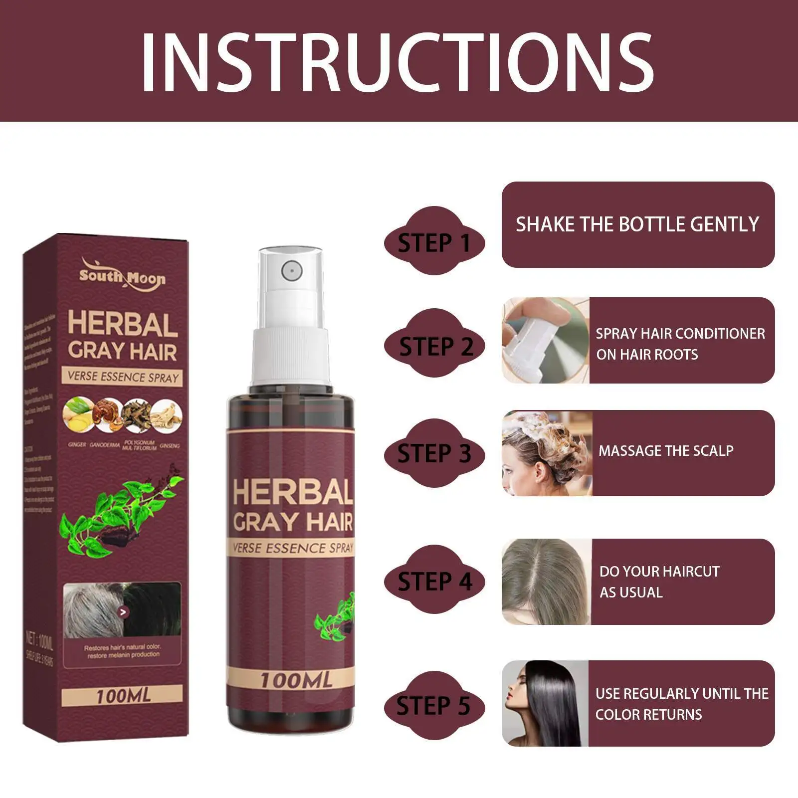 Hair Treatment 100ml Hair Darkening Spray Anti White Hair Herbal Care SerumGray Reduce Scalp Nourish Glitter Essentials