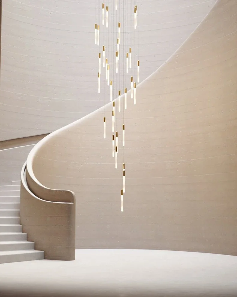 

Staircase chandelier, living room light, villa meal, double layered staircase chandelier, minimalist rope, copper and gold stair