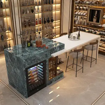  ชุดครัวกลางหินอ่อนหรูหรา พร้อมโต๊ะรับประทานอาหาร ตู้แช่ไวน์ ไฟ LED ชั้นวางของ 2 ชั้น และฐานประติมากรรมศิลปะ 2