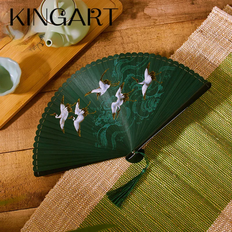 

18Cm Chinese Style Retro Style All Bamboo Crane Dark Green Big Red Bronzing Folding Fan Portable Cheongsam Dance Fan