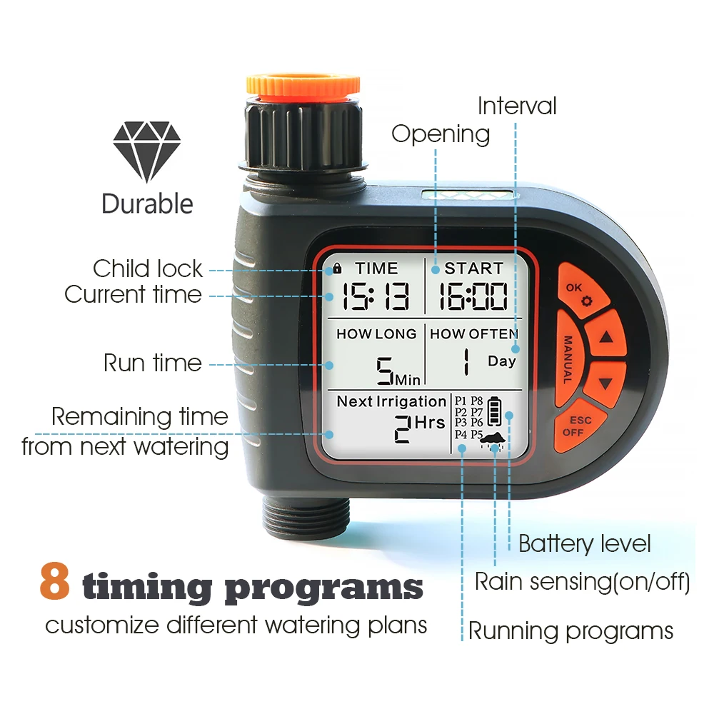 Garden Smart Rain Sensor Timer Automatic Watering Controller for Tap Hose Timing Irrigation Sprinkler IPX5 Waterproof LCD Displa 2