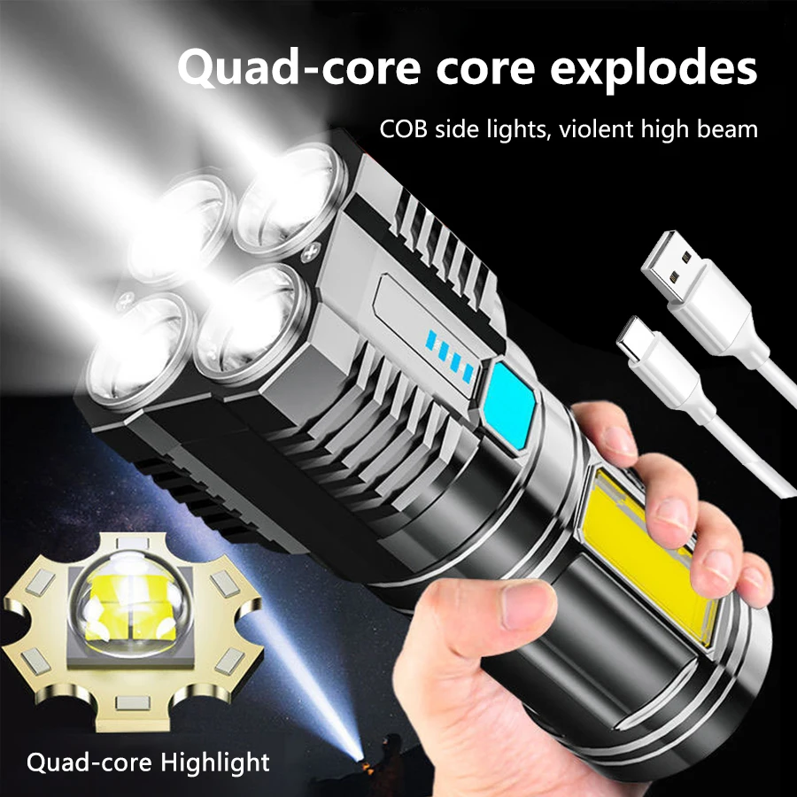 High Power LED Flashlight Camping Torch 4 LEDs Flashlights COB Side Light Portable Rechargeable Lamp Hand Lantern Work Light