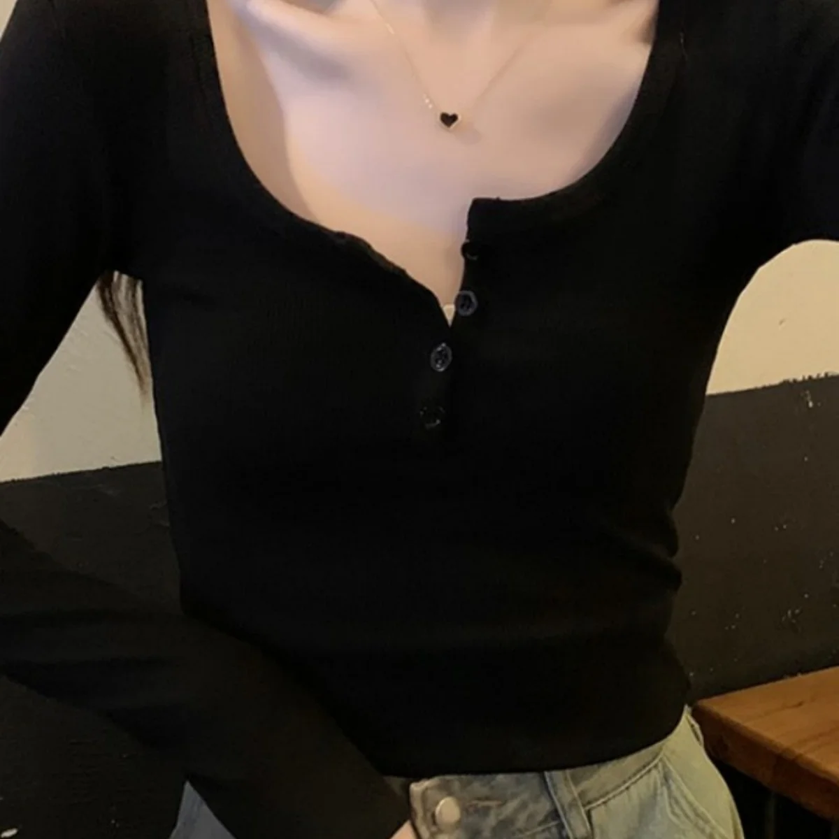 Women Threaded Slim T-Shirt Button Half Open Collar Long Sleeve Solid Color Fit Top Spring Autumn Daily Casual Fashion Clothing 4