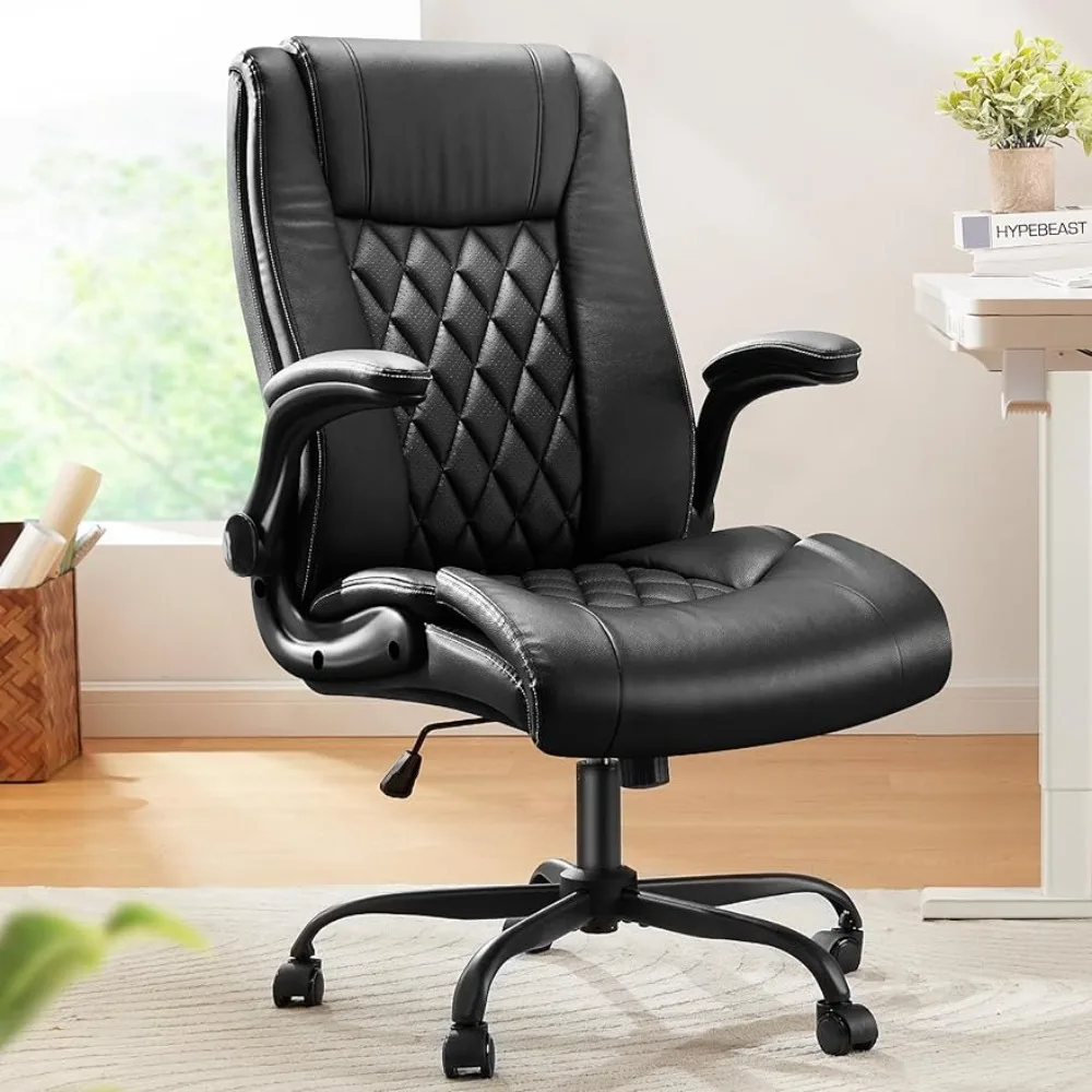 

Executive Office Chair With Flip-up Armrests PU Leather Ergonomic Desk Chair Height-Adjustable Swivel Rolling Computer Armchair