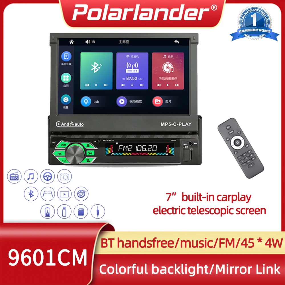 

Retractable 1 Din Radio Car Stereo Audio 7 inch MP5 MP4 Player Aux/USB/TF/FM/touch screen/bluetooth 3 languages menu Mirror Link